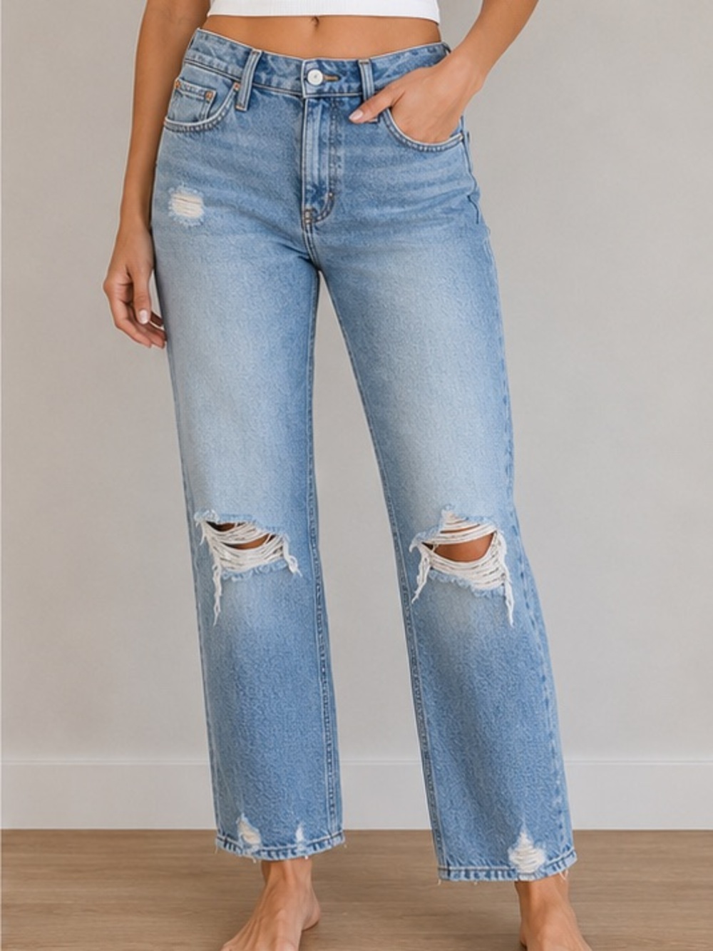 MOTHER Light Blue High-Rise Distressed Straight Jeans